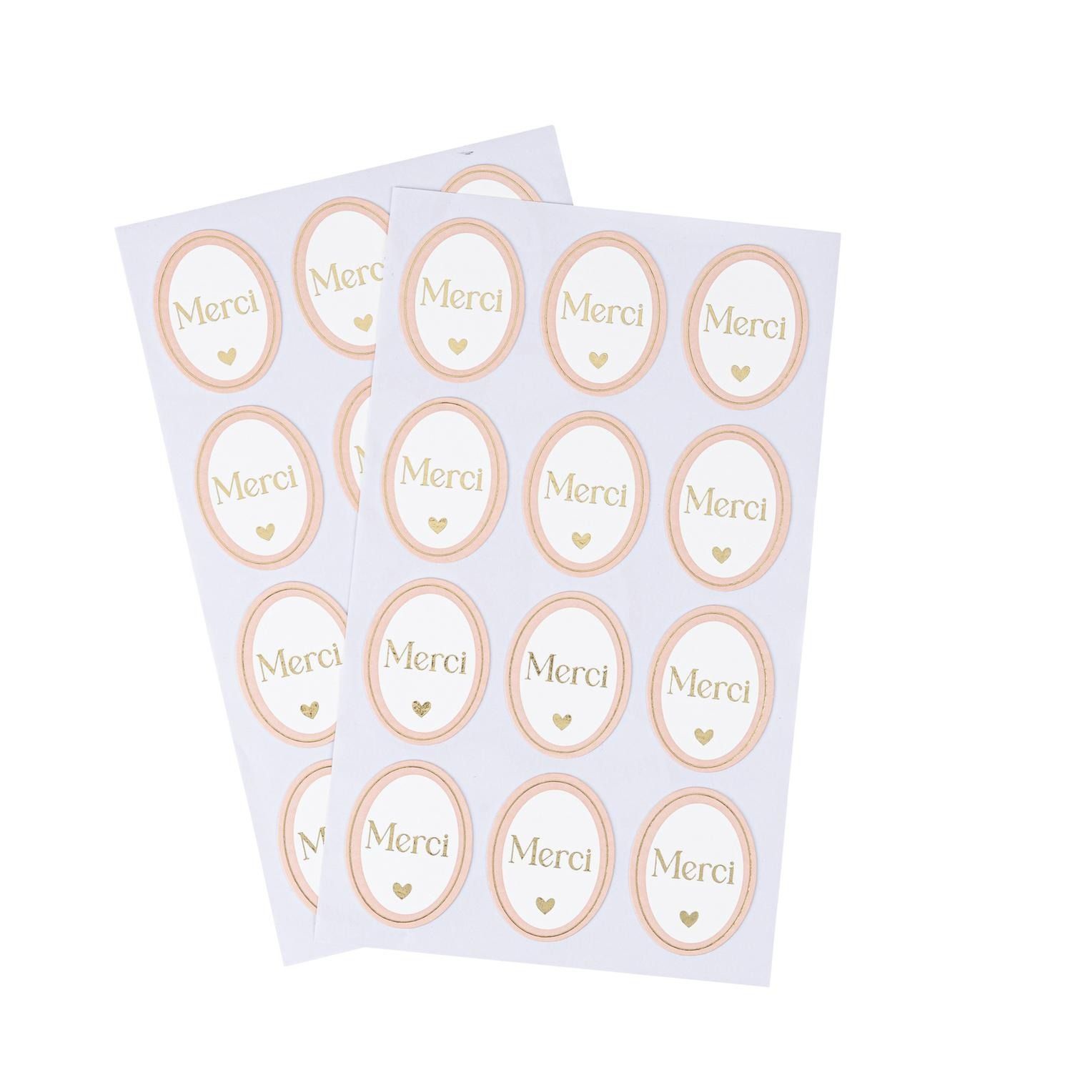 STICKERS "MERCI" MEDAILLON ROSE BLANC ET OR 3x5CM