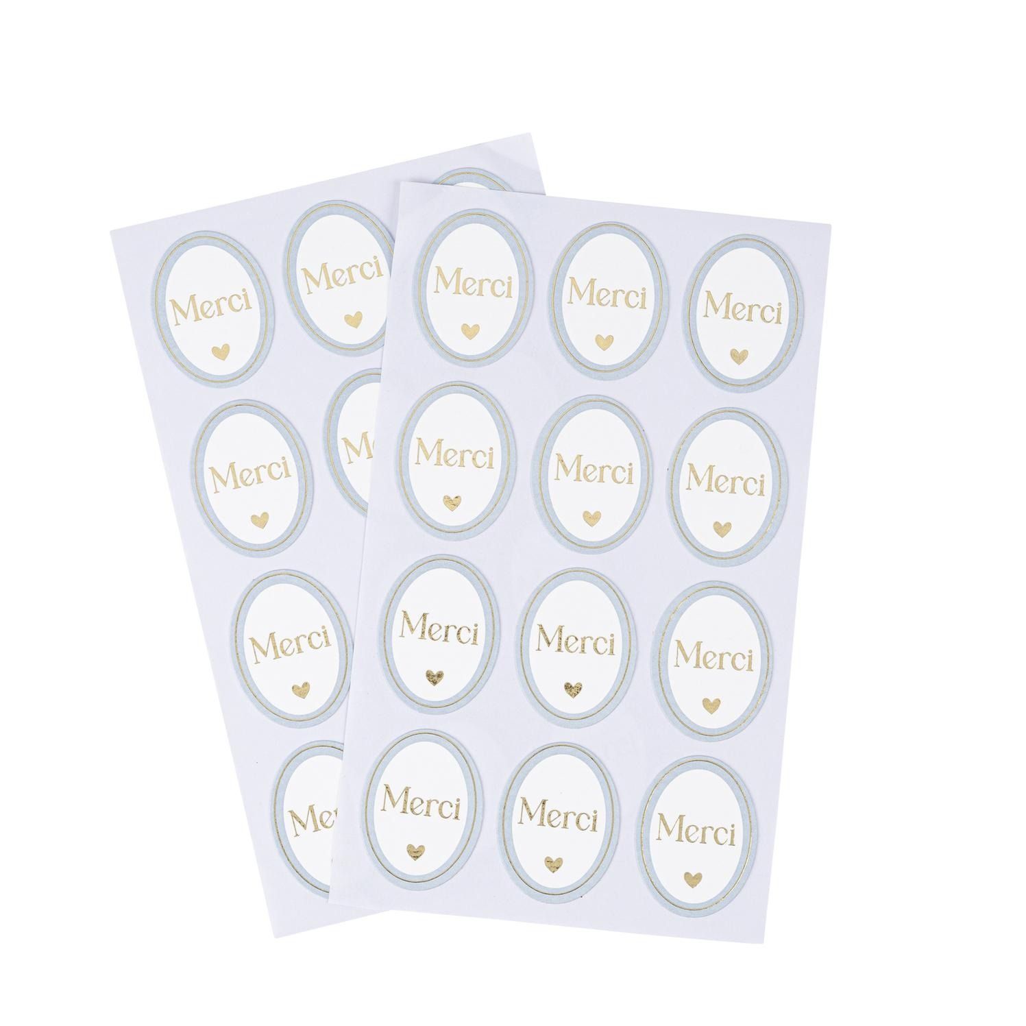 STICKERS "MERCI" MEDAILLON BLEU BLANC ET OR 3x5CM (x24)