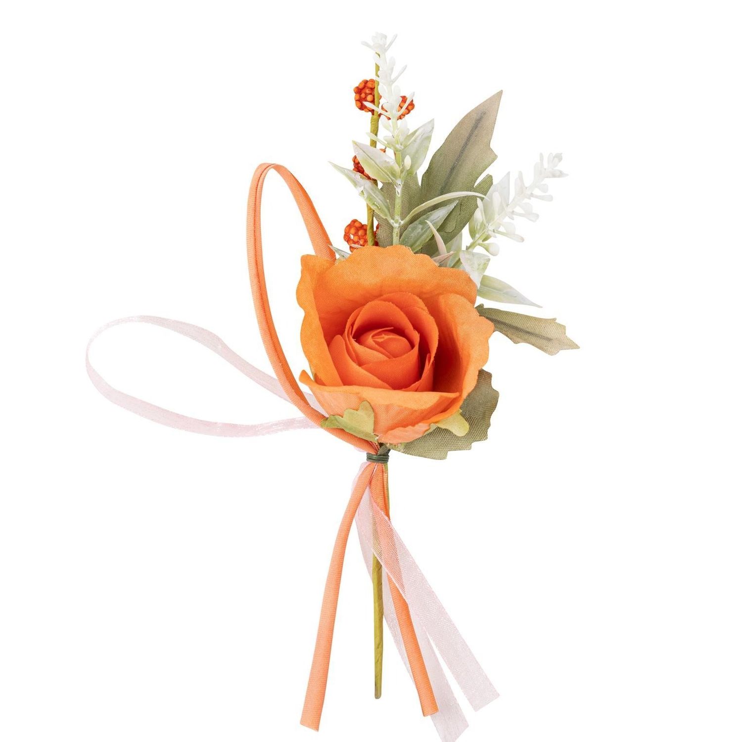 ROSE ORANGE ET FEUILLAGE AVEC RUBAN SUR BRANCHE 16CM