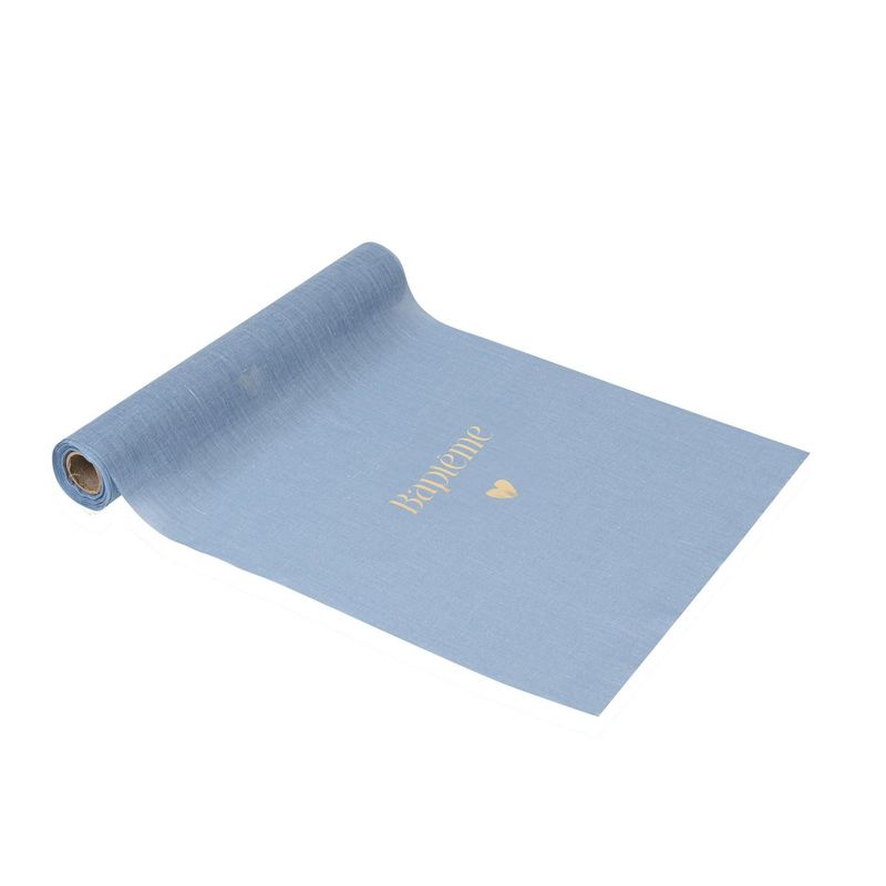 CHEMIN DE TABLE MOUSSELINE BLEU ORAGE "BAPTEME" OR 28CMx5M
