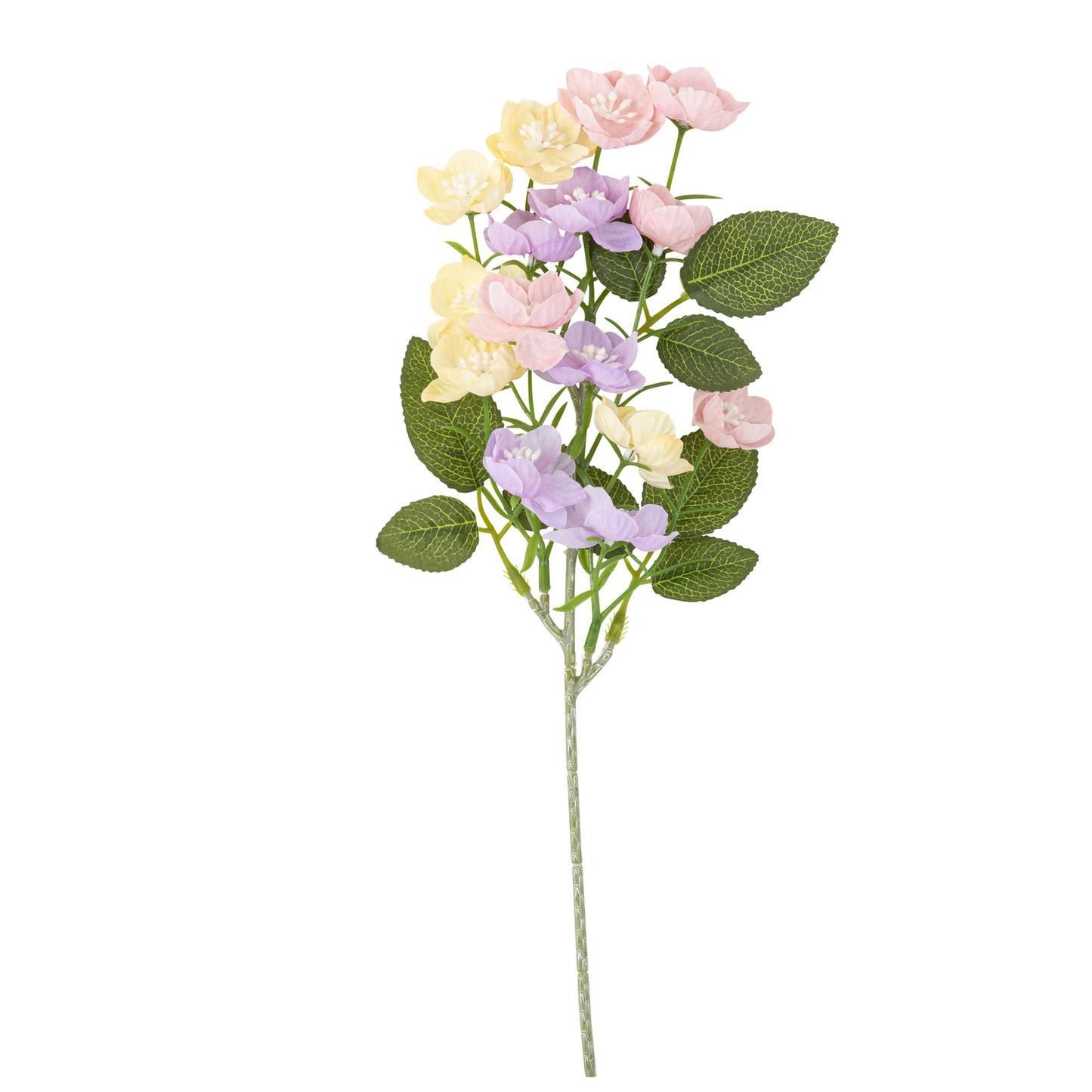 BRANCHE DE FLEURS JAUNE, ROSE ET LILA ET FEUILLAGE 33CM