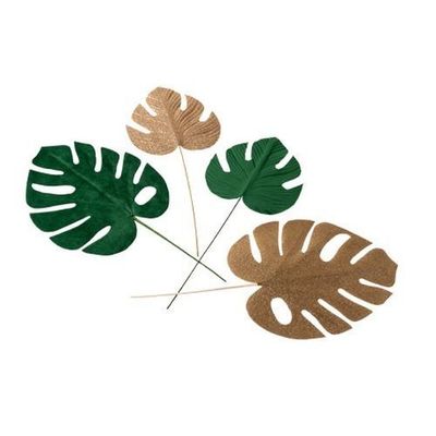 FEUILLE TROPICALE VELOURS VERT ET OR DE 15 A 37CM (x4)