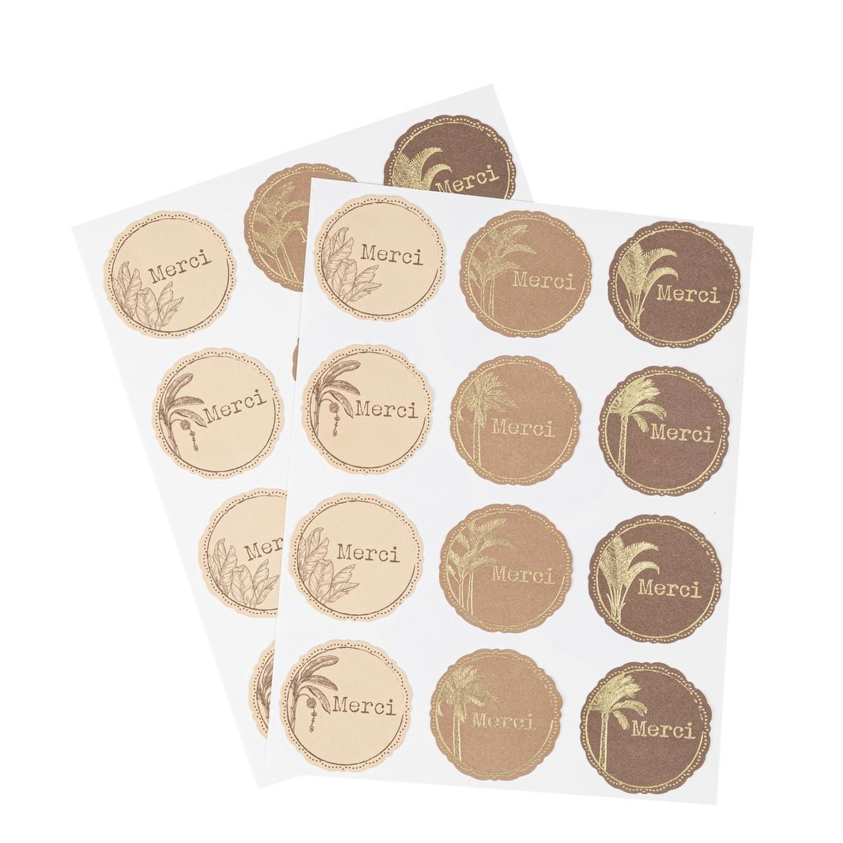 STICKERS "MERCI" PALMIER CHOCOLAT CREME ET OR 5CM (x24)