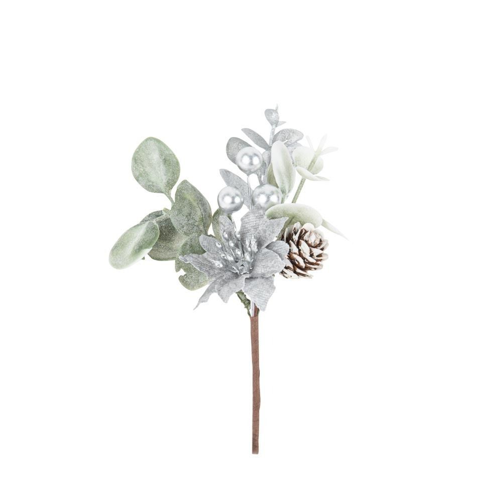BRANCHE DE FEUILLAGE BAIE ET POINSETTIA ARGENT 13.5CM