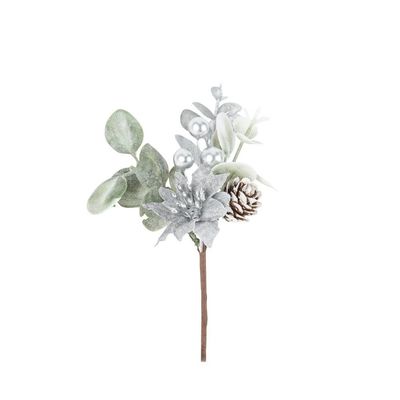 BRANCHE DE FEUILLAGE BAIE ET POINSETTIA ARGENT 13.5CM