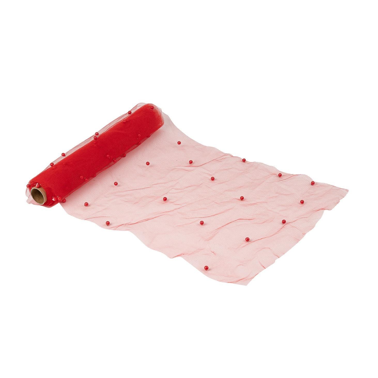 CHEMIN DE TABLE ORGANZA ET PERLES ROUGE 28CMx5M