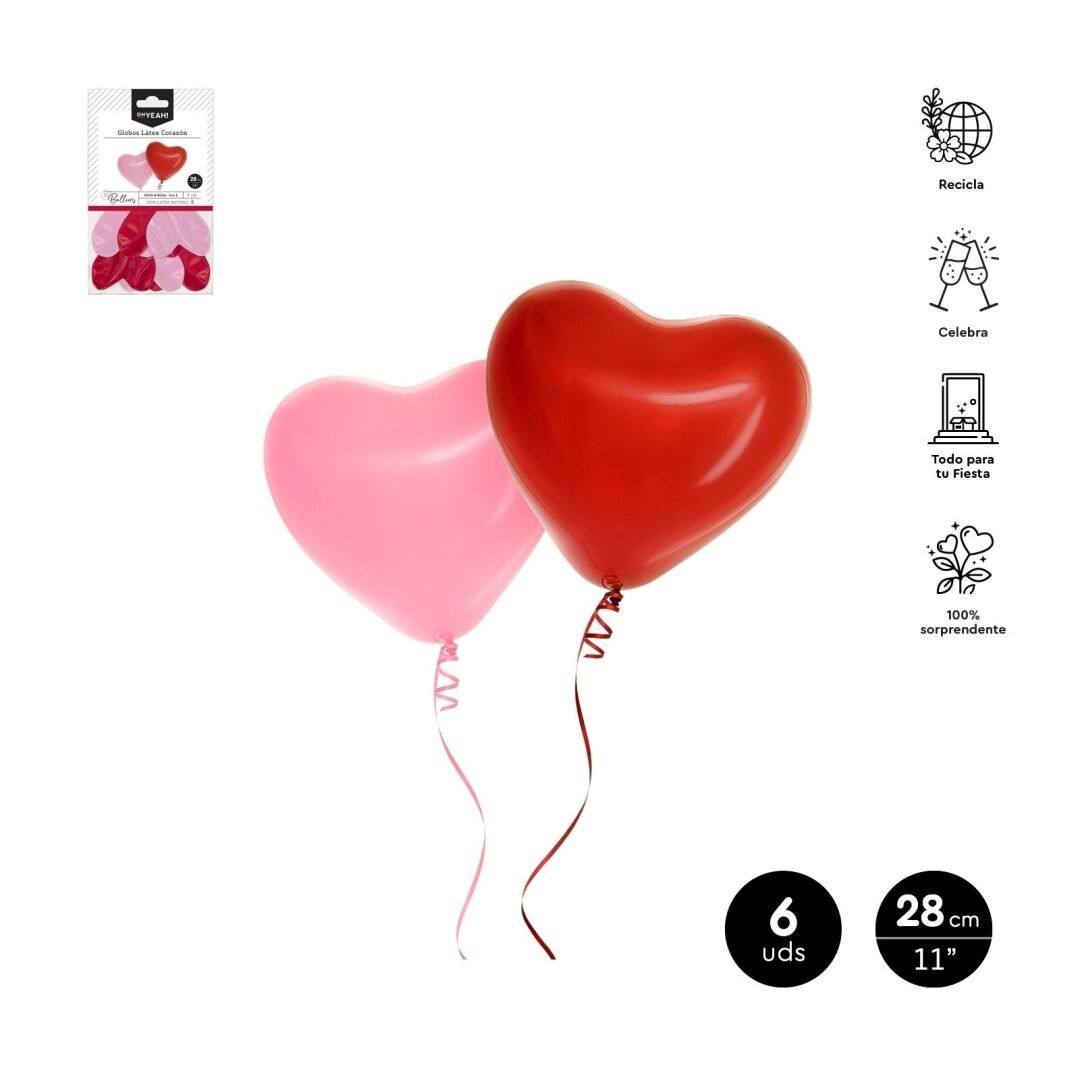 BALLON LATEX FORME COEUR ROUGE ET ROSE ASSORTIS 28CM (x6)