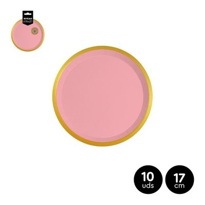 ASSIETTE RONDE ROSE LISERE OR 17CM (x10)