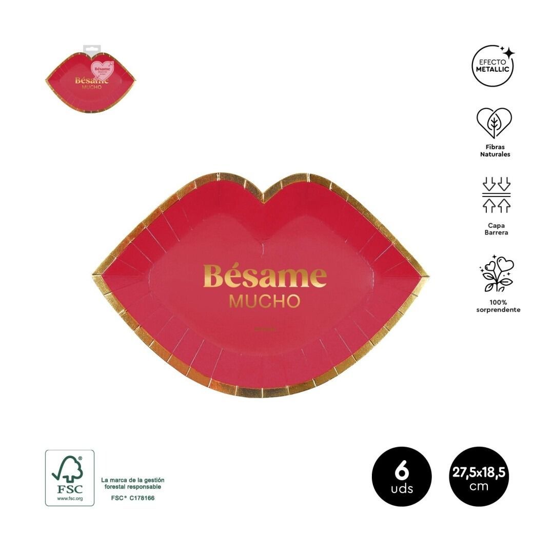 ASSIETTE FORME BOUCHE ROUGE "BESAME MUCHO" ET LISERE OR 27.5x18.5CM (x6)