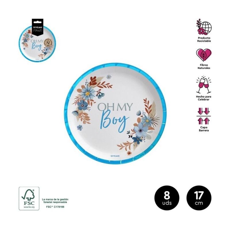 ASSIETTE NLANCHE "OH MY BOY" ET LISERE BLEU 17CM (x8)
