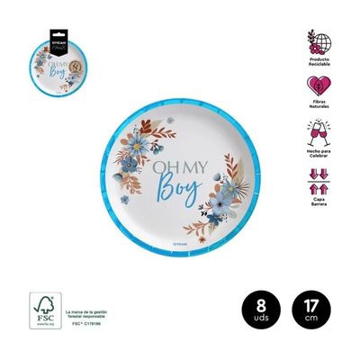 ASSIETTE NLANCHE "OH MY BOY" ET LISERE BLEU 17CM (x8)