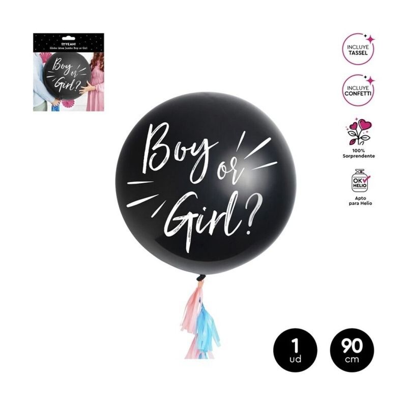 BALLON A CONFETTIS GENDER REVEAL NOIR "BOY OR GIRL" BLANC 90CM + TASSEL