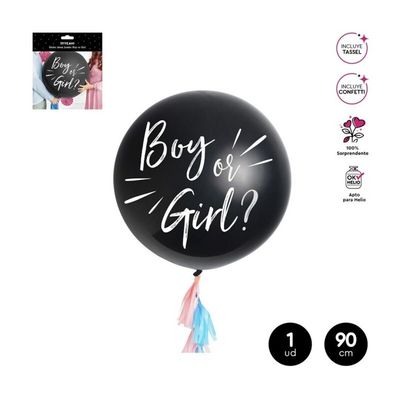 BALLON A CONFETTIS GENDER REVEAL NOIR "BOY OR GIRL" BLANC 90CM + TASSEL