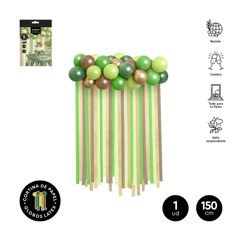 ARCHE DE BALLONS ET RIDEAU LAME DEGRADE DE VERT 1.50M