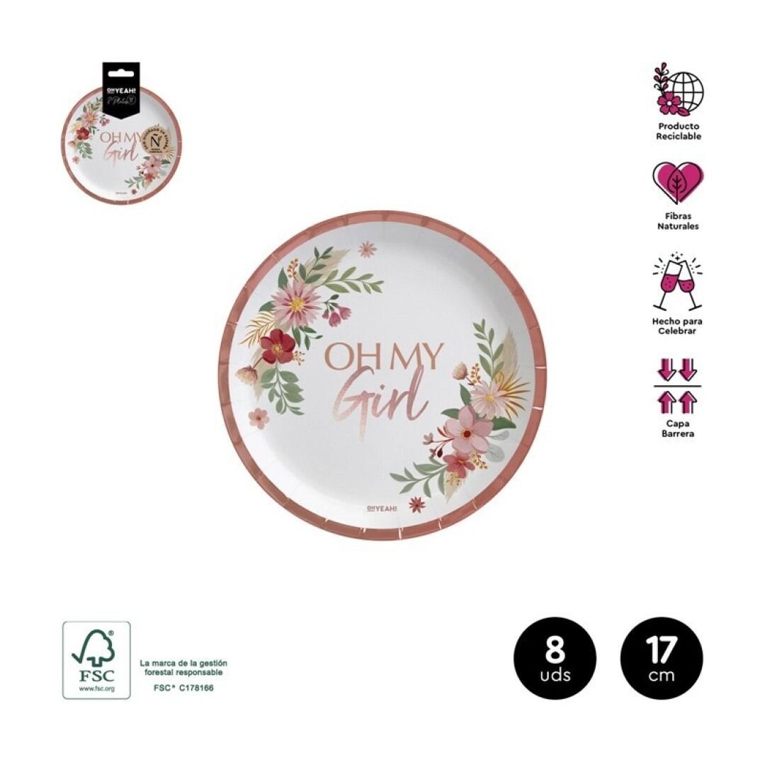 ASSIETTE BLANCHE "OH MY GIRL" ET LISERE ROSE GIRL 17CM (x8)