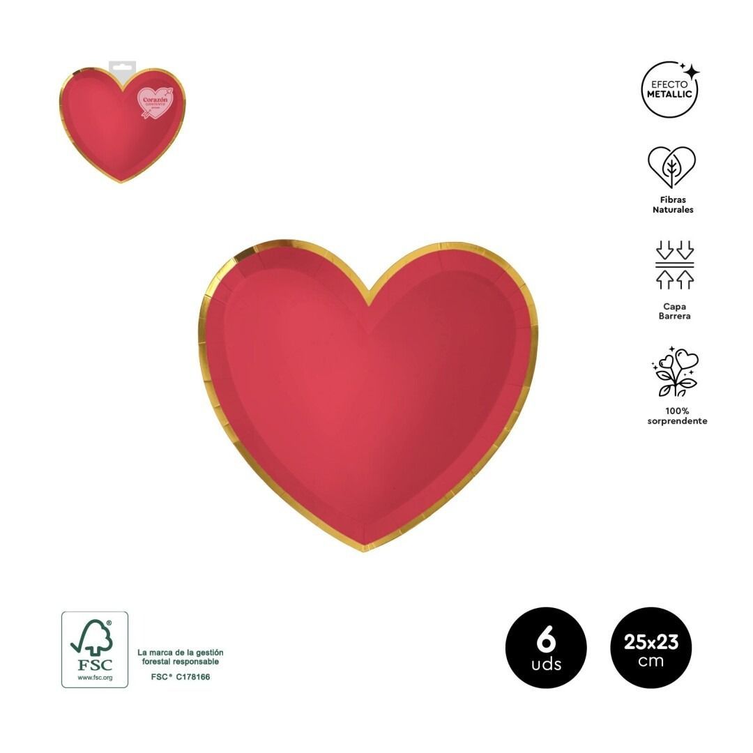 ASSIETTE FORME COEUR ROUGE LISERE OR 25x23CM (x6)