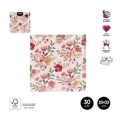 SERVIETTE DECOR FLORAL ROSE 33CM (x30)
