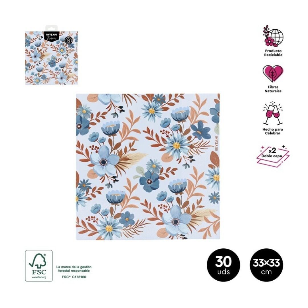 SERVIETTE DECOR FLORAL BLEU 33CM (x30)