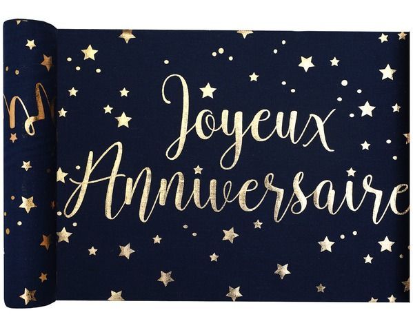 CHEMIN DE TABLE COTON BLEU MARINE "JOYEUX ANNIVERSAIRE" OR 2/8CMx3M