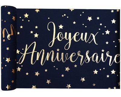 CHEMIN DE TABLE COTON BLEU MARINE "JOYEUX ANNIVERSAIRE" OR 2/8CMx3M