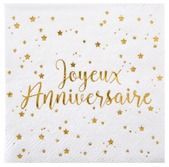 SERVIETTE BLANCHE "JOYEUX ANNIVERSAIRE" ETOILES DOREES 33CM (x10)