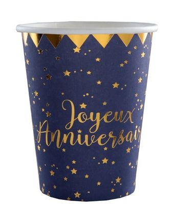 GOBELET BLANC "JOYEUX ANNIVERSAIRE" + ETOILES BLEU MARINE 27CL (x10)