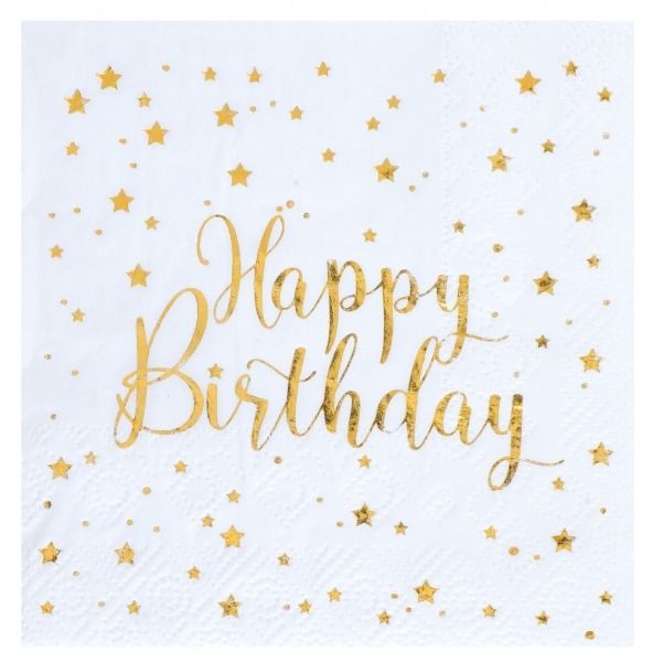 SERVIETTE COCKTAIL BLANCHE "HAPPY BIRTHDAY" OR 25x25 (x20)
