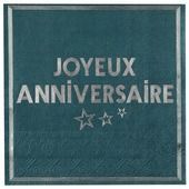 SERVIETTE BLEU CANARD "JOYEUX ANNIVERSAIRE" 33CM (x20)