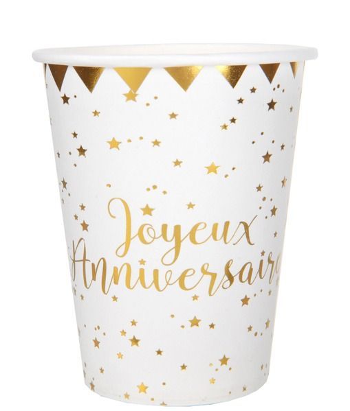 GOBELET BLANC "JOYEUX ANNIVERSAIRE" + ETOILES OR 27CL (x10)