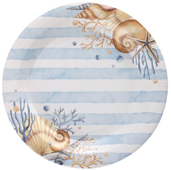 ASSIETTE RAYEE BLANC ET BLEU COQUILLAGES ET CORAIL 22.5CM (x10)