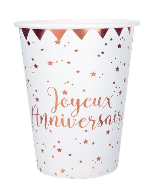 GOBELET BLANC "JOYEUX ANNIVERSAIRE" + ETOILES ROSE GOLD 27CL (x10)