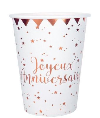 GOBELET BLANC "JOYEUX ANNIVERSAIRE" + ETOILES ROSE GOLD 27CL (x10)