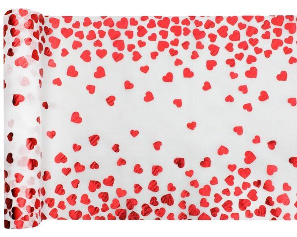 CHEMIN DE TABLE VOILE COEURS METALLISES ROUGES 26CMx3M