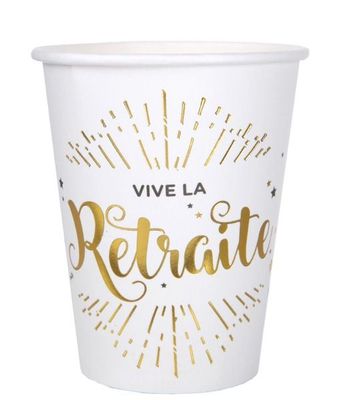 GOBELET BLANC "VIVE LA RETRAITE" OR ET NOIR 27CL (x10)