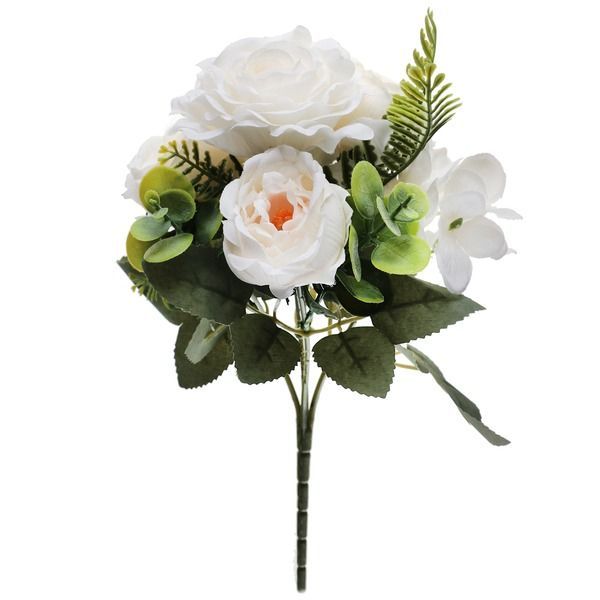 BOUQUET DE FLEURS BLANCHES ET FEUILLAGE 31CM