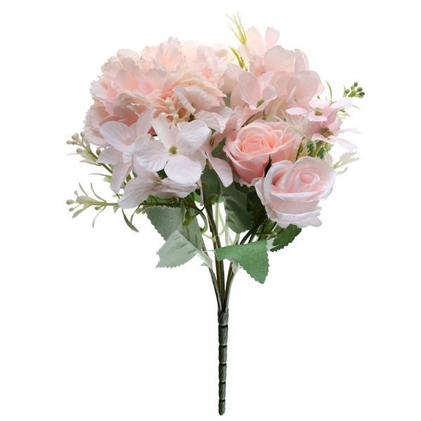 BOUQUET DE FLEURS ROSES ET FEUILLAGE 31CM
