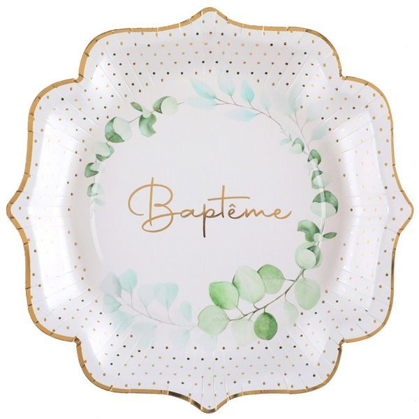 ASSIETTE BLANCHE DECOR VEGETAL "BAPTEME" OR 21CM (x10)
