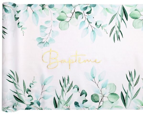 CHEMIN DE TABLE POPELINE BLANC LISERE VEGETAL "BAPTEME" OR 29CMx3M