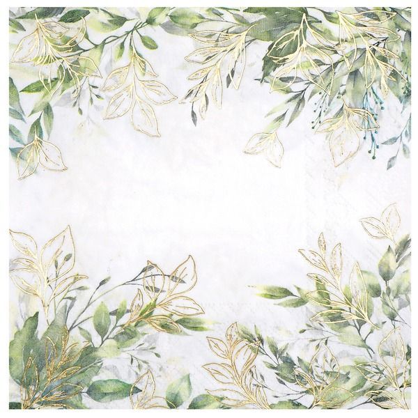 SERVIETTE BLANCHE DECOR VEGETAL VERT ET OR 33CM (x20)