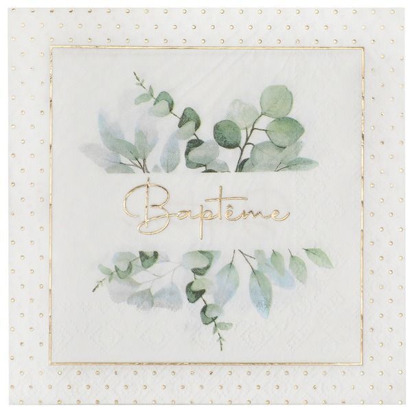 SERVIETTE BLANCHE DECOR VEGETAL "BAPTEME" OR 33CM (x20)