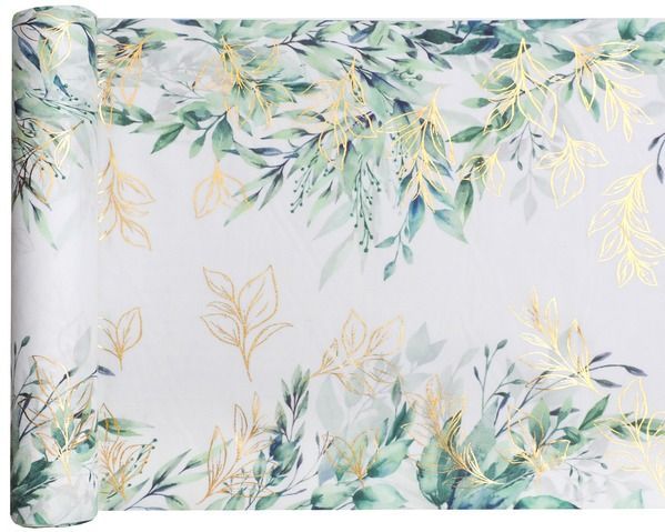 CHEMIN DE TABLE POPELINE BLANCHE DECOR VEGETAL VERT ET OR 28CMx3M