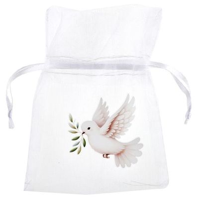 POCHON ORGANDI BLANC COLOMBE ET RAMEAU 7.5x10CM (x4)