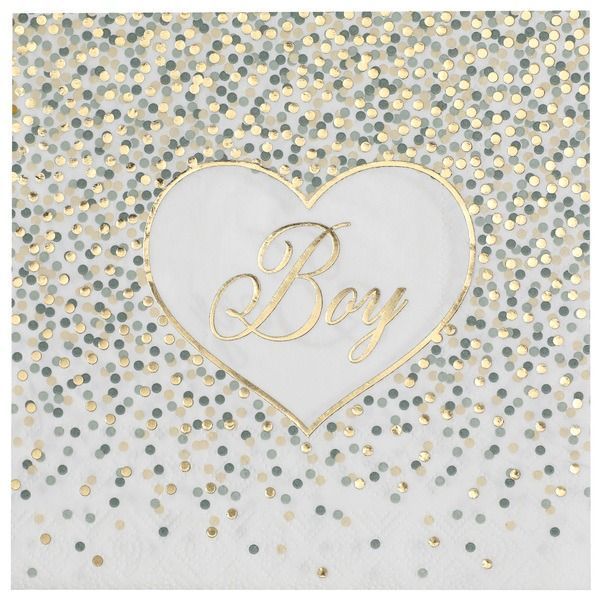 SERVIETTE BLANCHE "BOY" COEUR ET CONFETTIS VERT ET OR 33CM (x20)