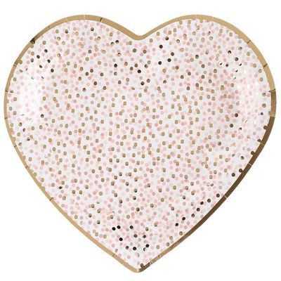 ASSIETTE FORME COEUR BLANCHE CONFETTIS ROSE ET OR 22.5x20CM (x10)