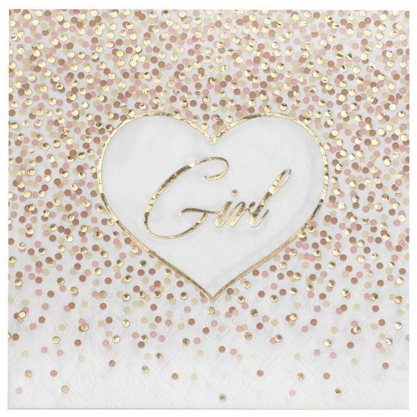 SERVIETTE BLANCHE "GIRL" COEUR ET CONFETTIS ROSE ET OR 33CM (x20)