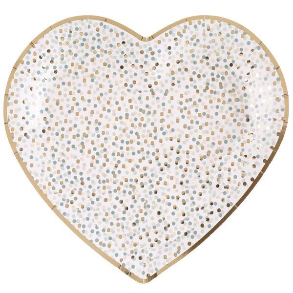 ASSIETTE FORME COEUR BLANCHE CONFETTIS VERT ET OR 22.5x20CM (x10)