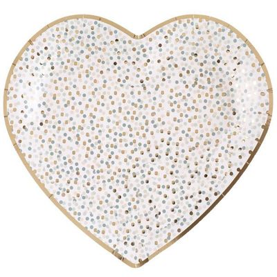 ASSIETTE FORME COEUR BLANCHE CONFETTIS VERT ET OR 22.5x20CM (x10)