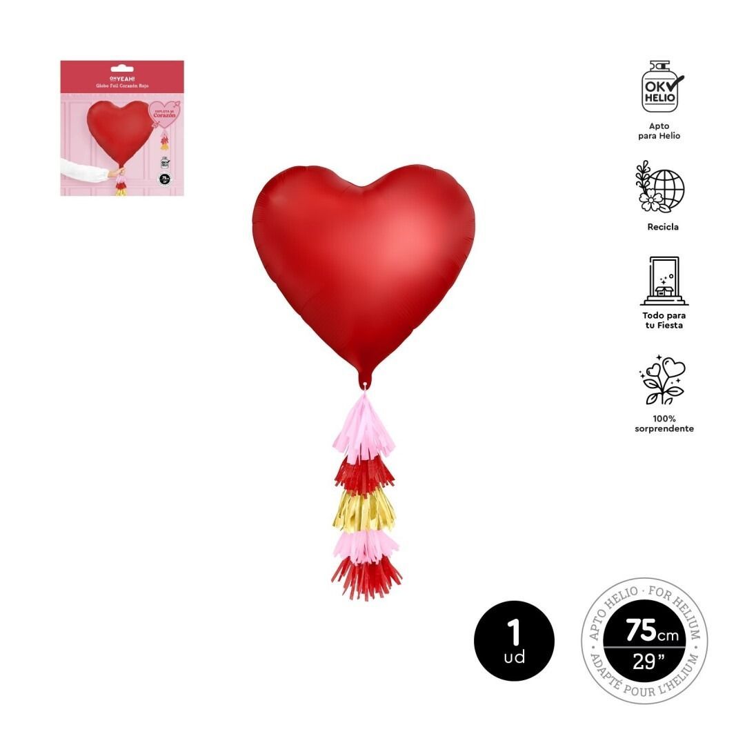 BALLON COEUR ROUGE 75x64.5CM + TASSEL POMPONS ROUGE ET BLANC