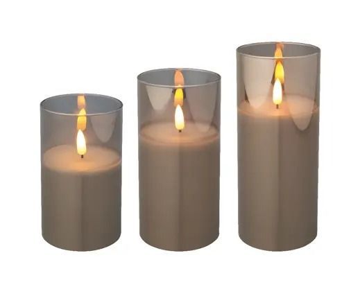 BOUGIE LED GRISE EN TUBE VERRE 15 A 17.5CM