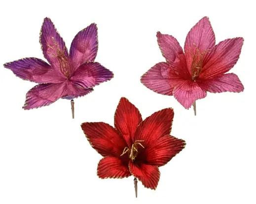 FLEUR VELOURS AMARYLLIS SUR CLIP 3 ASS